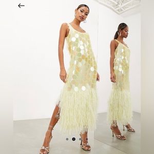 ASOS EDITION paillete sequin midi dress with faux feather hem in lemon